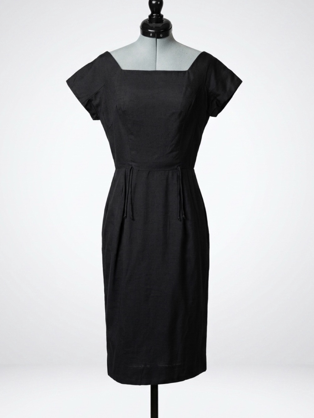 Vintage 50s Square-Neck Sheath Midi Dress, black, XS/S, EUC